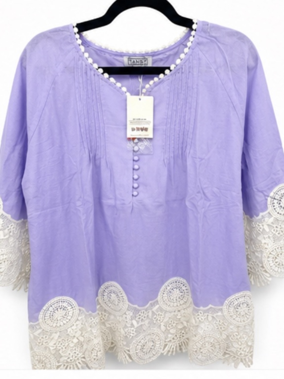 NWT Tamsy Lavender Crochet Lace Boho Tunic Top 1X Plus Size Cottagecore